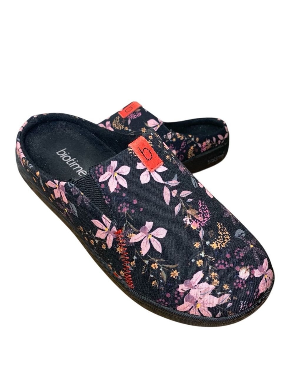 Biotime Peri Black Floral Slippers Clog 9 Comfort Slip on Indoor Outdoor Soles